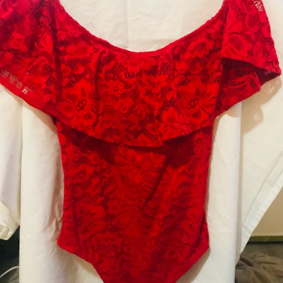 Red Lace Off-Shoulder Bodysuit - Picture 1 of 2